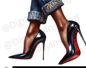 Puede incluir: Un par de zapatos negros de tacón alto con suelas rojas. Los zapatos son usados por una persona que lleva jeans azules con la palabra "BOSS" bordada en el dobladillo.