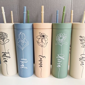 Personalised Tumbler 16oz Skinny Acrylic Tumbler with Straw, Matte Travel Cup, Bridesmaid Gift, Water Bottle, drink bottle with birth flower