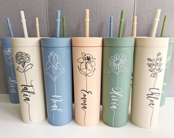 Personalised Tumbler 16oz Skinny Acrylic Tumbler with Straw, Matte Travel Cup, Bridesmaid Gift, Water Bottle, drink bottle with birth flower