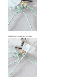 Pode incluir: Close-up de n&oacute;s de macram&eacute; em andamento. Cord&atilde;o verde claro &eacute; amarrado em volta de um anel dourado e preso com um clipe de metal e fita adesiva. A imagem mostra os primeiros passos de um projeto de macram&ecirc;.