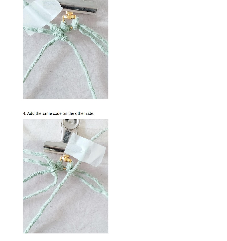 Pode incluir: Close-up de n&oacute;s de macram&eacute; em andamento. Cord&atilde;o verde claro &eacute; amarrado em volta de um anel dourado e preso com um clipe de metal e fita adesiva. A imagem mostra os primeiros passos de um projeto de macram&ecirc;.