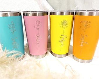 Custom Engraved 20oz Stainless Steel Tumbler with Birth Flower Design – Personalized Travel Mug, Birth Flower Cup Ideal Bridesmaid Gift