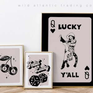 Retro Lucky Art Prints: Cowgirl, Dice, Cherries (Digital Download)