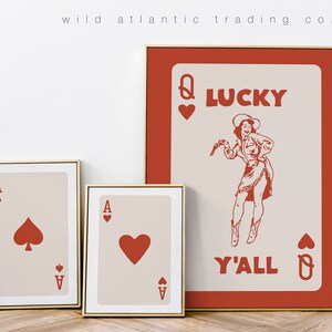 Printable Trendy Lucky Y'all Cowgirl in Mandarin Retro Wall Art Set Of 3, Retro Trendy Aesthetic Print, Red Ace Poster, Lucky You Print