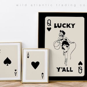 Printable Trendy Lucky Y'all Cowgirl Black Retro Wall Art Set Of 3, Retro Trendy Aesthetic Print, Black Ace Card Poster, Lucky You Poster