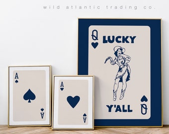 Printable Trendy Lucky Y'all Cowgirl in Navy Retro Wall Art Set Of 3, Retro Trendy Aesthetic Print, Blue Black Ace Poster, Lucky You Print