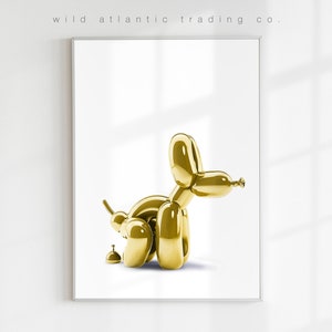 Stampabile con palloncino di cane che fa la cacca in oro metallizzato, stampa stravagante, poster stravagante, arte moderna, arte divertente con cani, pop art, nuova casa, amante dei cani, cane