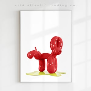 Stampa stampabile di un cane con palloncino rosso che fa pipì, stampa stravagante, poster stravagante, arte moderna, arte divertente con cani, pop art, nuova casa, amante dei cani, poster con cani