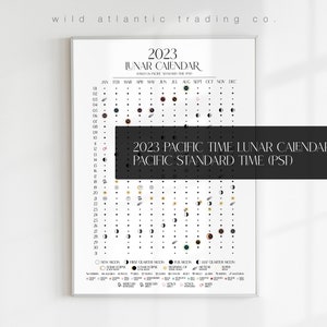 Afdrukbare 2023 Pacific Standard Time maankalender | PST-tijd | Maankalender 2023, maanfasen 2023, Vancouver, Californië, maankalender