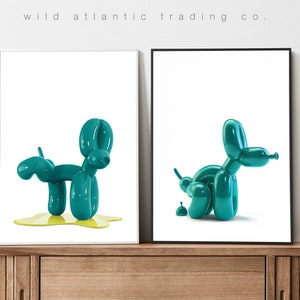 Set stampabile di 2 cani con palloncini color acquamarina che fanno la cacca e la pipì, stampa eccentrica, poster eccentrico, arte moderna, arte divertente del cane, pop art, nuova casa, amante dei cani,