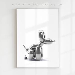 Stampabile stampabile in argento metallizzato cane palloncino Pooping, stampa stravagante, poster eccentrico, arte moderna, arte del cane divertente, Pop Art, nuova casa, amante dei cani