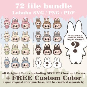 Bestseller 72 files Exciting Macaron Labubu Original colors + SECRET Chestnut Cocoa + FREE Custom Colour of your choice. Svg Png Pdf Bundle.