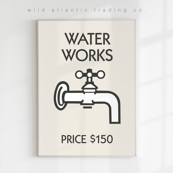 Printable Monopoly Inspired Water Works Retro Print Dollar in Cream, Bathroom Prints, Housewarming Gift, Waterworks Print, New Home Gifts