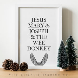 Printable Jesus, Maria und Josef und der kleine Esel, irischer Weihnachtsdruck, Weihnachtsdekoration, Urlaub, Xmas Art, Krippendruck