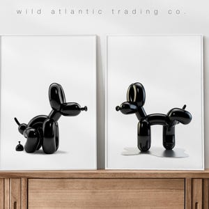 Set stampabile di 2 palloncini neri con cane che fa la cacca e la pipì 2.0, stampa stravagante, poster stravagante, arte moderna, arte divertente con cani, pop, nuova casa, bagno