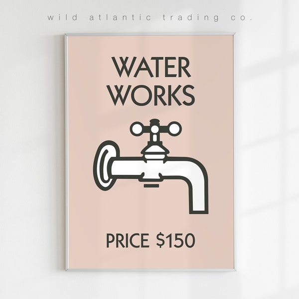 Printable Monopoly Inspired Water Works Retro Print Dollar in Dusty Rose, Bathroom Prints, Housewarming Gift, Waterworks Print, New Home Art