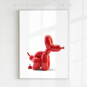 Stampa stampabile di un cane palloncino rosso che fa la cacca, stampa stravagante, poster stravagante, arte moderna, arte divertente con cani, pop art, nuova casa, amante dei cani, poster con cani