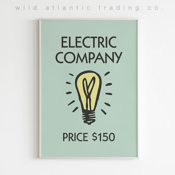 Printable Monopoly Inspired Electric Company Retro Print Dollar in Original Mint, Utility Room Prints, Housewarming Gift, Waterworks Print