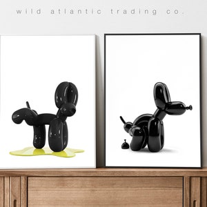 Set stampabile di 2 cani neri che fanno la cacca e pipì con palloncini, stampa eccentrica, poster eccentrico, arte moderna, arte divertente del cane, pop art, nuova casa, amante dei cani
