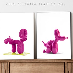 Set stampabile di 2 cani con palloncini rosa che fanno la cacca e la pipì, stampa eccentrica, poster eccentrico, arte moderna, arte divertente del cane, pop art, nuova casa, amante dei cani,