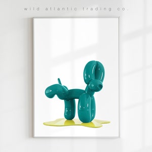 Stampa stampabile di cane pipì con palloncino color acquamarina, stampa eccentrica, poster eccentrico, arte moderna, arte divertente del cane, pop art, nuova casa, amante dei cani, poster del cane