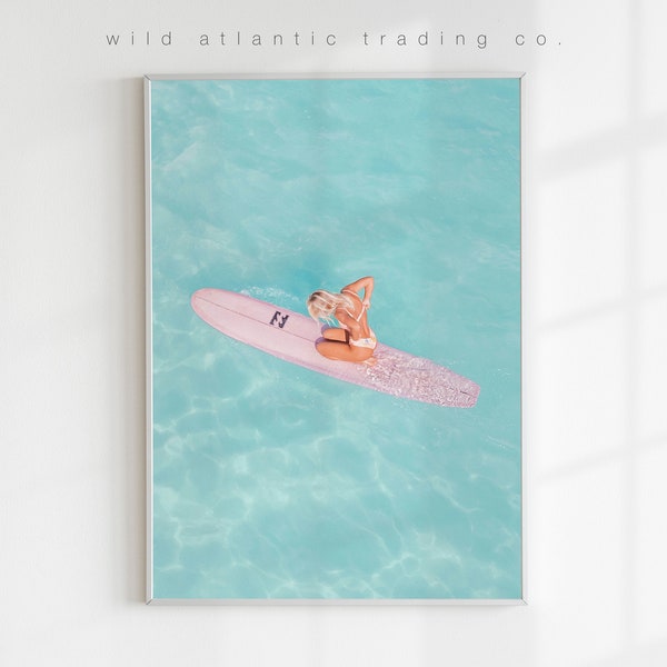 Printable Surfer Girl on Pink Surfboard, Surf Print, Ocean Print, Good Vibes Only Print, Surfer Chick,Love to Surf Print, Hang Loose Print