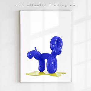 Stampa stampabile di un cane con palloncino blu reale che fa pipì, stampa originale, poster originale, arte moderna, arte divertente con cani, pop art, nuova casa, amante dei cani, cane