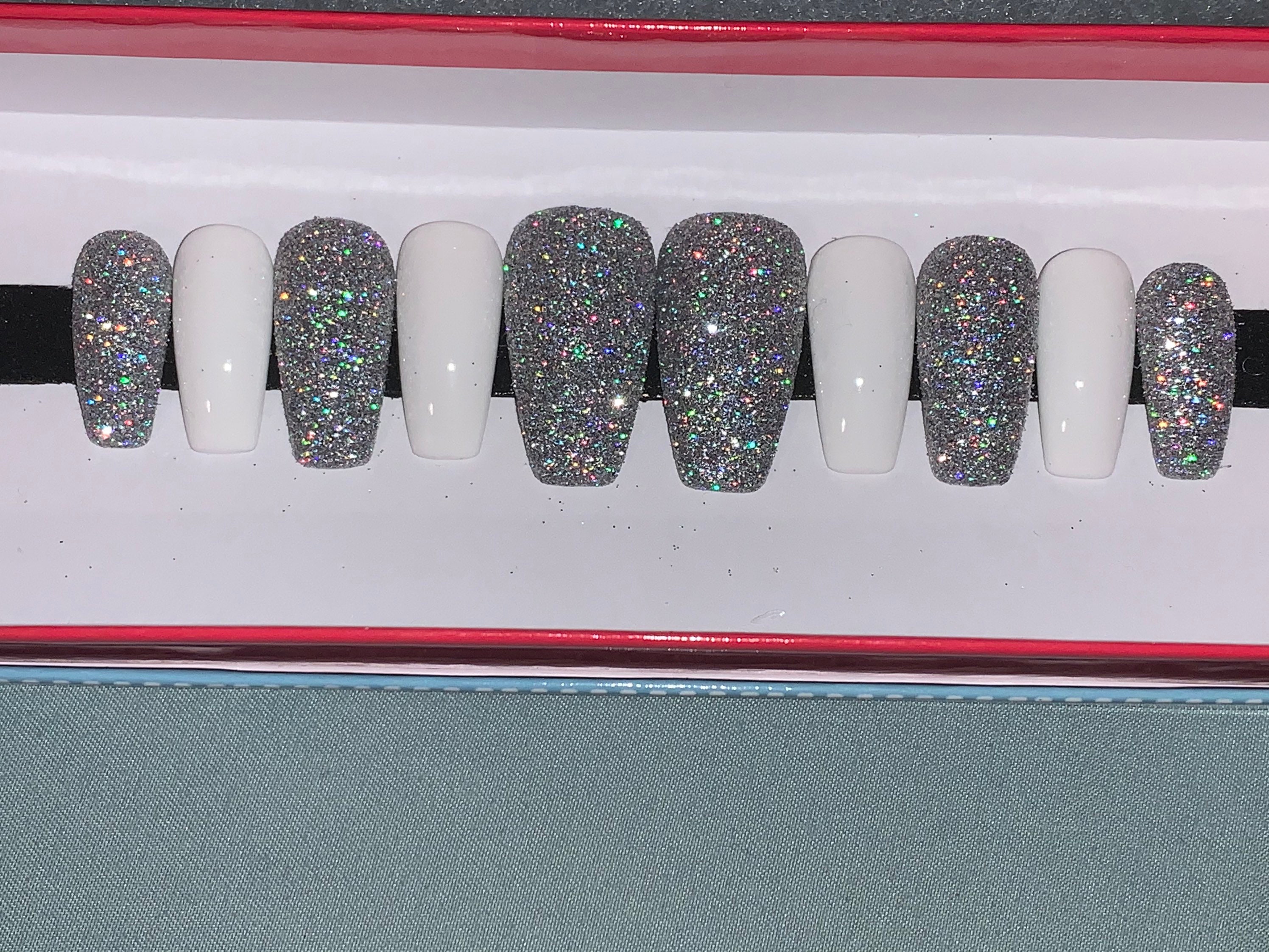 Sugar/Glitter Coated Nails with White Nails Glossy or Matte Etsy