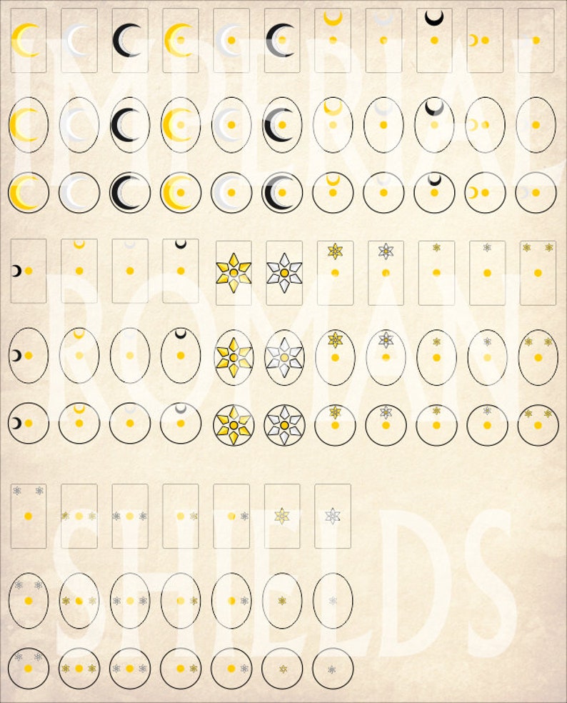 Op de afbeelding: Een vel met zwarte en witte stickers met verschillende maan- en sterdesigns. De stickers zijn op een beige achtergrond. De tekst "ROYAL SHIELDS" is in wit gedrukt aan de onderkant van het vel.