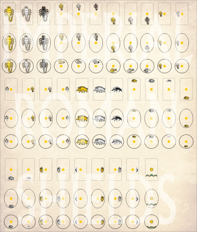 Op de afbeelding: Een vel stickers met verschillende ontwerpen, waaronder schorpioenen, beren en andere dieren. De stickers zijn in zwart, wit, geel en bruin.