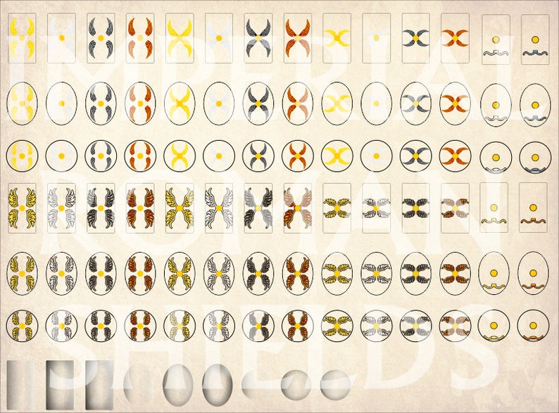 Op de afbeelding: Een vel met 60 ronde en vierkante schildstickers met verschillende ontwerpen. De schilden zijn in verschillende kleuren, waaronder goud, rood, wit en zwart. De ontwerpen omvatten vleugels, kruisen en andere geometrische patronen.