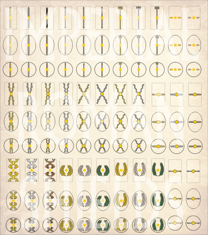 Op de afbeelding: Een vel met 72 verschillende schildontwerpen, elk met een uniek patroon en kleurenschema. De schilden zijn meestal wit, zilver en goud met zwarte contouren. Sommige schilden hebben een krans van bladeren, terwijl andere een eenvoudige cirkel of een reeks lijnen hebben.