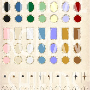 Op de afbeelding: Een vel met 36 kleurrijke, ronde en rechthoekige stickers met gouden rand. De stickers hebben verschillende kleuren, waaronder zwart, wit, rood, groen, blauw, geel en bruin. De stickers zijn gerangschikt in rijen en kolommen op een beige achtergrond.