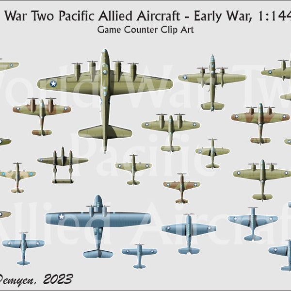 World War Two Pacific Allied Aircraft, Early War, 1:144 scale Game Counter Clip Art
