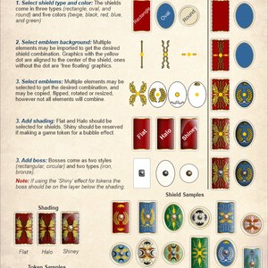 May include: Instructions for creating custom Imperial Roman shields. The guide shows different shield shapes, colors, emblems, and shading options. It includes examples of finished shields and token samples.