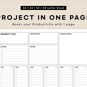 Project in One Page | A4, A3, A2, US Letter Sized | Project Poster, Project planner, Action Planner, Action to plan, Project tracker