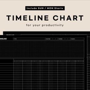 Gráfico de línea de tiempo para 8 semanas - Tamaño vertical A4 / Fondo negro / Planificador de proyectos, Seguimiento de proyectos, Gestión de proyectos