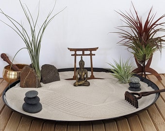 XXL Large Zen Garden Meditation with Buddha figure, Torii, stones, tillandsia and rake sustainable gift - idea