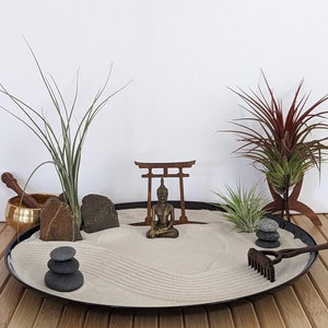 XXL Large Zen Garden Meditation with Buddha figure, Torii, stones, tillandsia and rake sustainable gift - idea