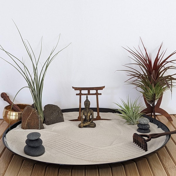 XXL Large Zen Garden Meditation with Buddha figure, Torii, stones, tillandsia and rake sustainable gift - idea