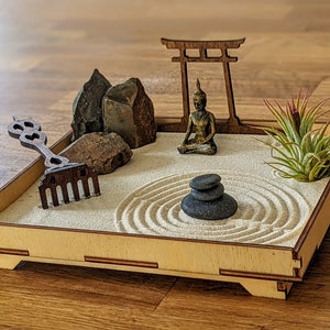 Handmade Zen garden set with Buddha figure, Torii with rake for meditation and relaxation sustainable DIY