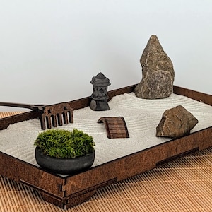 Gift idea: Zen garden set made of FSC wood with stones, moss bowl, bridge, lantern and rake - handmade and sustainably produced