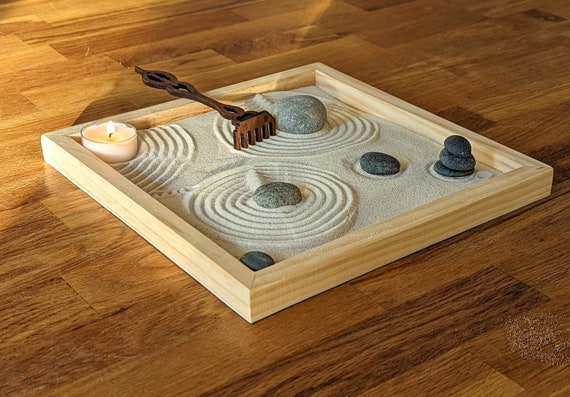 Zen Garden Set Made of Solid Wood With Stones, Rake and Candle