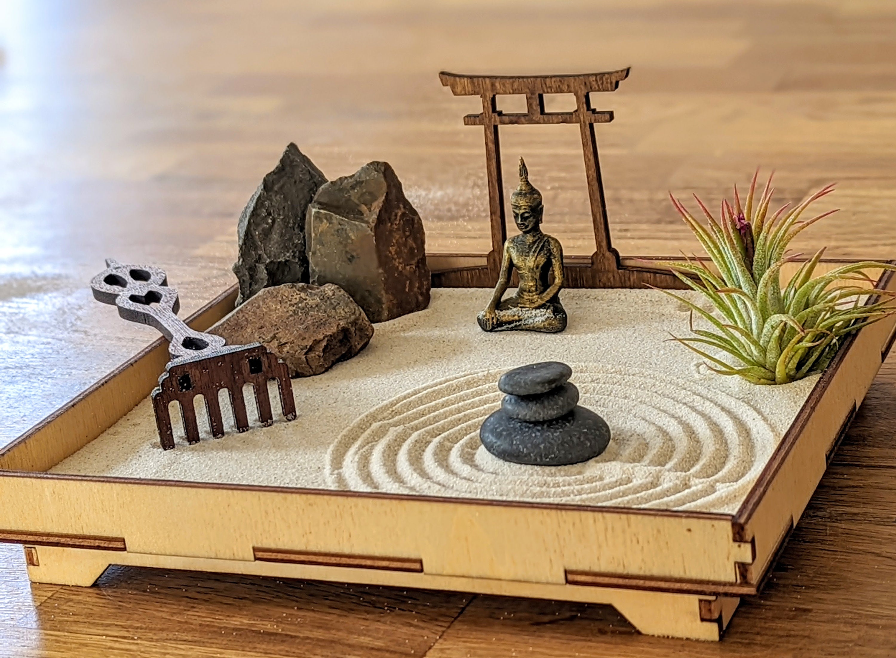 Handmade Zen Garden Set With Buddha Figure, Torii With Rake for