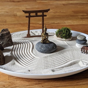 XL large white zen garden with Buddha, moss, stones and rake, sustainable gift idea for relaxation - home decor