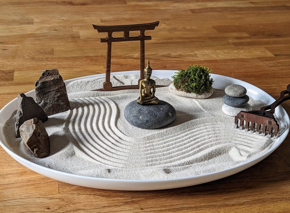 XL Large White Zen Garden With Buddha, Moss, Stones and Rake