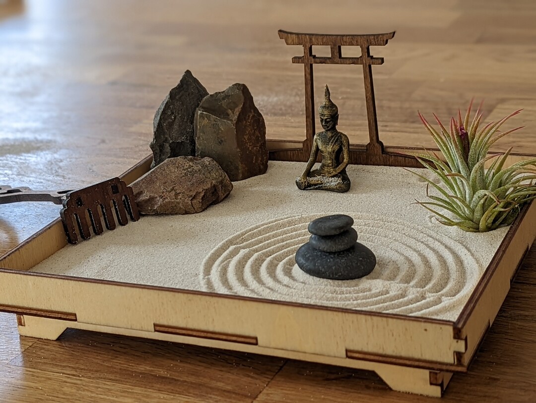 Handmade Zen Garden Set With Buddha Figure, Torii With Rake for