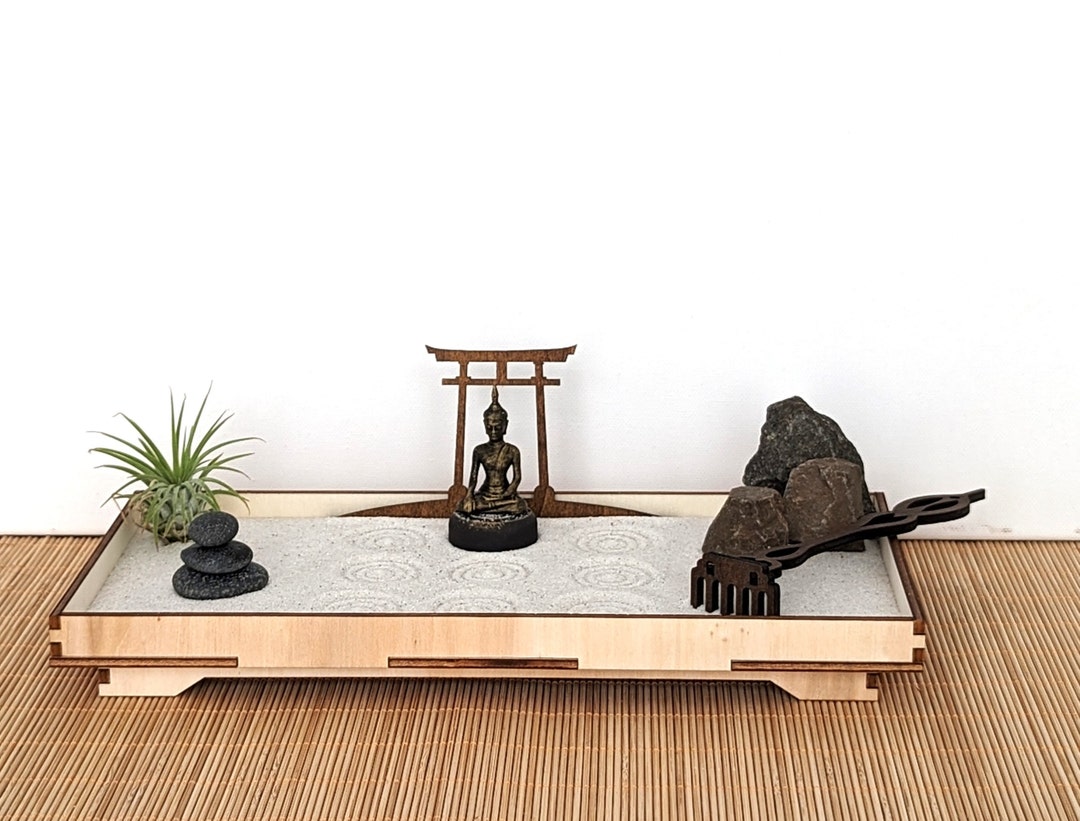 Large Zen Garden Kit Made of FSC Wood With Buddha, Torii, Tillandsia