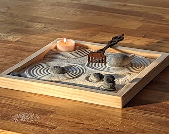 Zen garden set made of solid wood with stones, rake and candle handmade according to Japanese tradition - sustainable gift idea