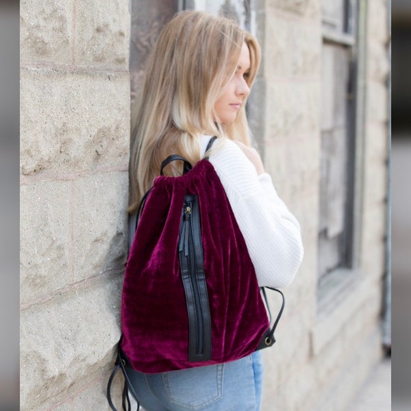 Red or Black Crushed Velvet Drawstring Backpack with Zippers